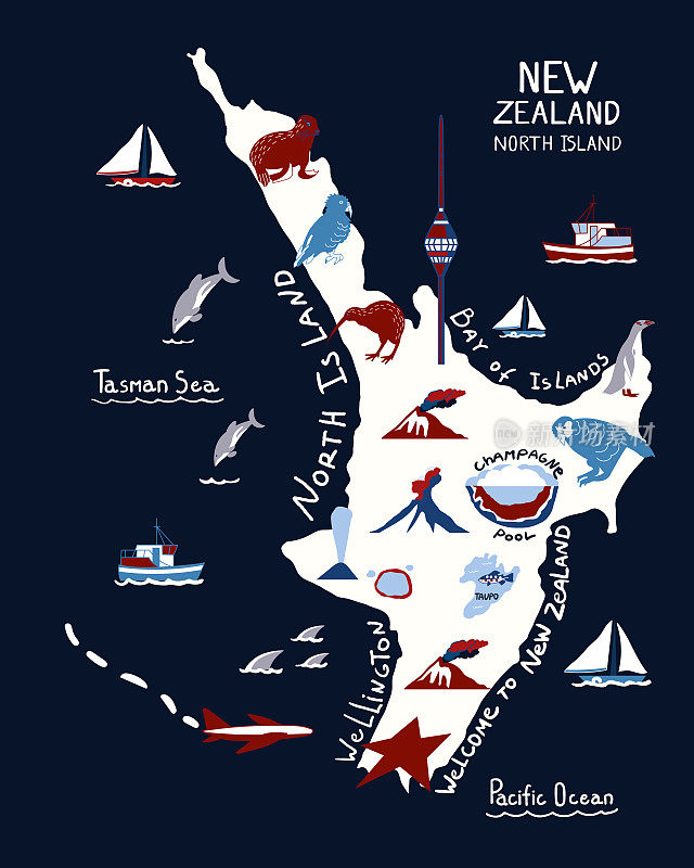 New Zealand illustrated hand drawn map.